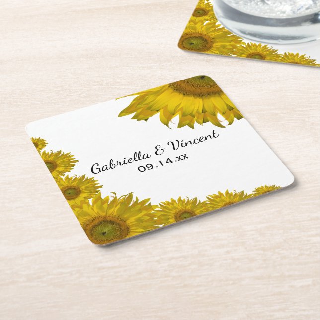 Yellow Sunflower Edge Wedding Square Paper Coaster (Angled)