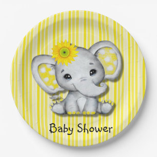 Yellow Sunflower Elephant Baby Shower Paper Plate