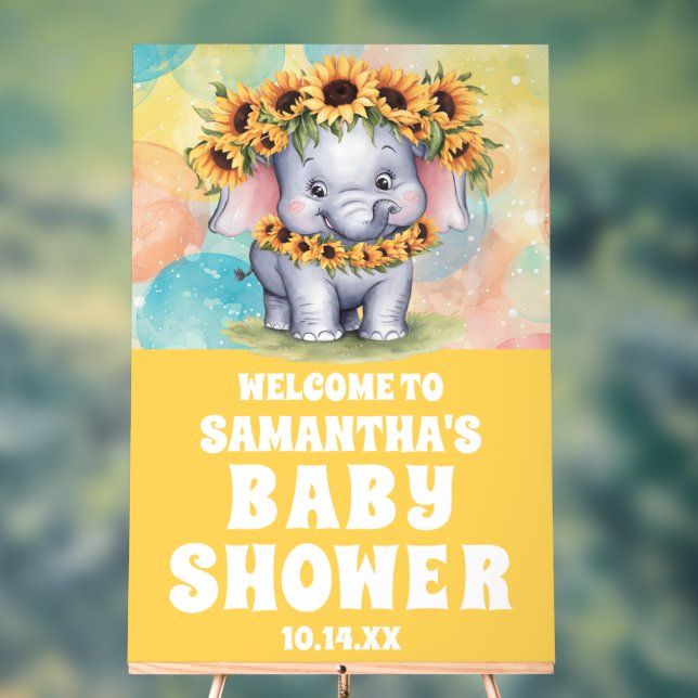 Yellow Sunflower Elephant Baby Shower Welcome Acrylic Sign (Neutral)