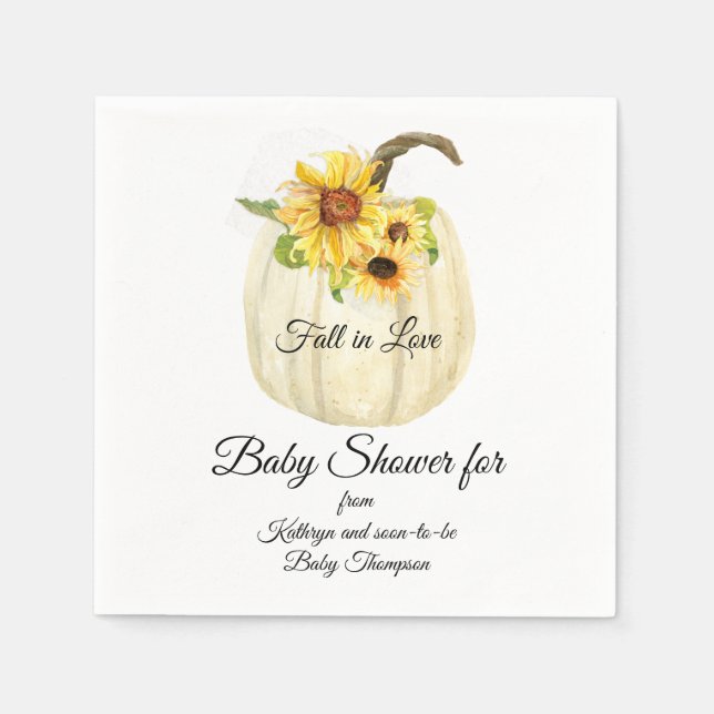 Yellow Sunflower Fall White Pumpkin Baby Shower Napkin (Front)