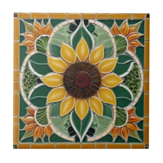 Yellow Sunflower Faux Mosaic Dark Green Tile (Front)