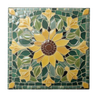 Yellow Sunflower Faux Mosaic on Green