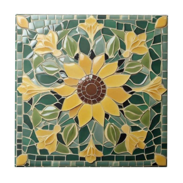 Yellow Sunflower Faux Mosaic on Green Tile (Front)