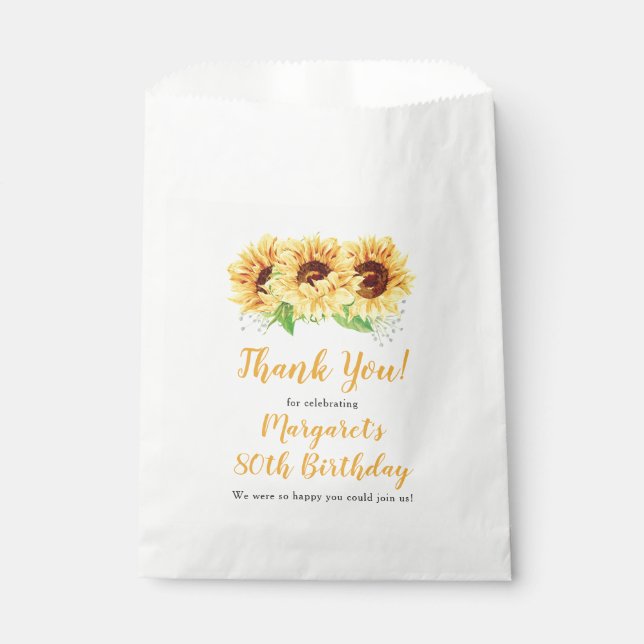 Yellow Sunflower Floral 80th Birthday Thank You Favour Bags (Front)