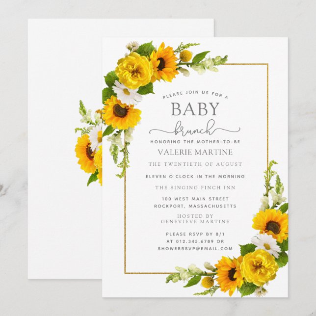 Yellow Sunflower Floral Baby Brunch Invitation (Front/Back)