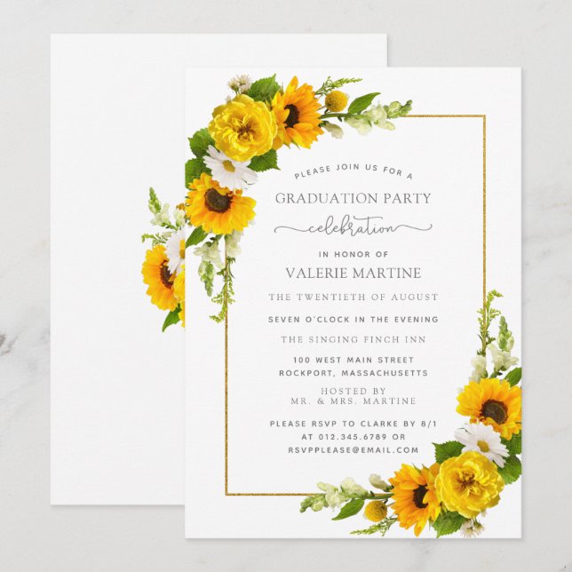 Yellow Sunflower Floral Graduation Party Invitation (Front/Back)