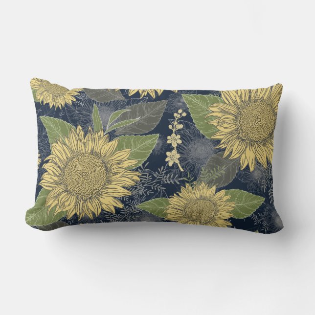 Yellow Sunflower Floral Navy Blue Lumbar Pillow (Front)