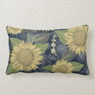 Yellow Sunflower Floral Navy Blue Lumbar Pillow