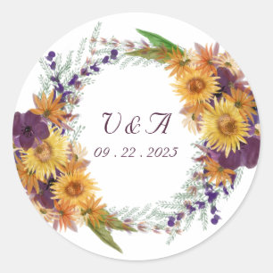 Yellow sunflower floral pink, purple flower wreath classic round sticker