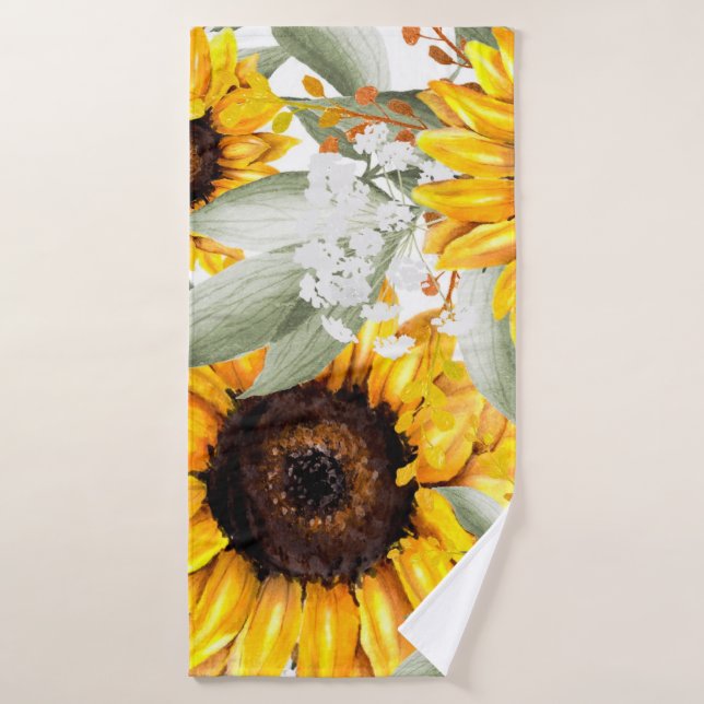 Yellow Sunflower Floral Rustic Fall Flower Bath Towel (Bath Towel)