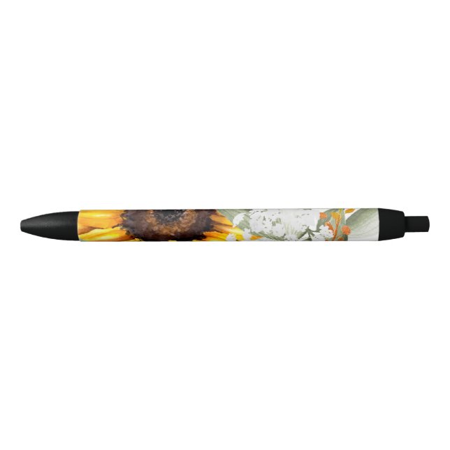 Yellow Sunflower Floral Rustic Fall Flower Black Ink Pen (Front)