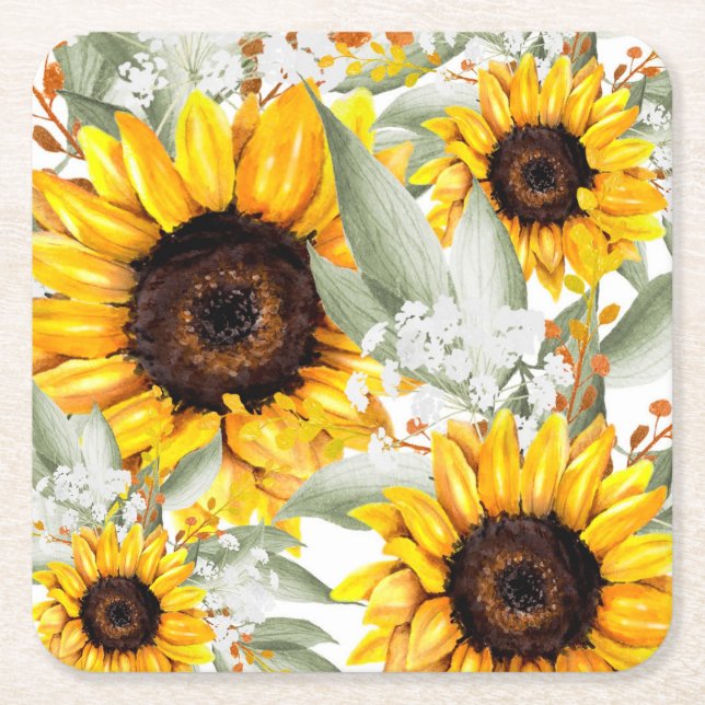 Yellow Sunflower Floral Rustic Fall Flower Square Paper Coaster (Front)
