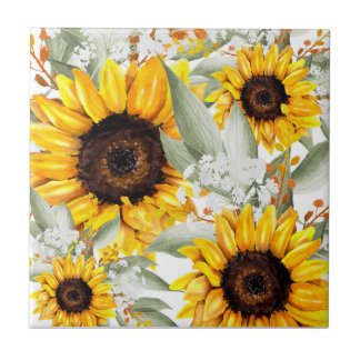Yellow Sunflower Floral Rustic Fall Flower Tile