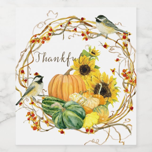 Yellow Sunflower Floral Thanks Pumpkin Fall Event Wine Label (Single Label)