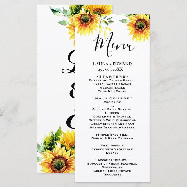 Yellow sunflower floral vibrant spring bouquet menu (Front/Back)