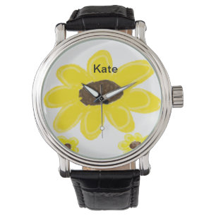 Yellow sunflower floral watercolor add name text watch
