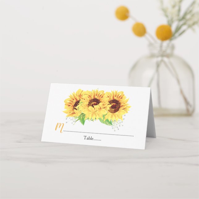 Yellow Sunflower Floral Wedding Place Card (Front)