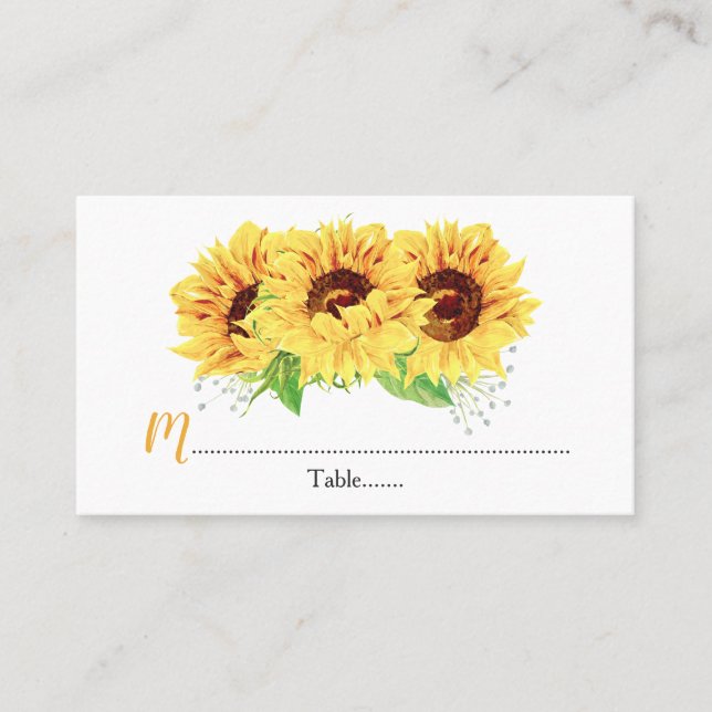 Yellow Sunflower Floral Wedding Place Cards (Front)