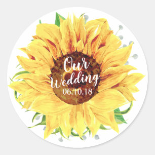 Yellow Sunflower Flower Floral Wedding Watercolor Classic Round Sticker