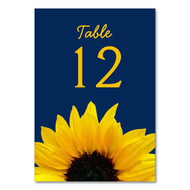 Yellow Sunflower Flower Navy Blue Wedding Table Number (Front)