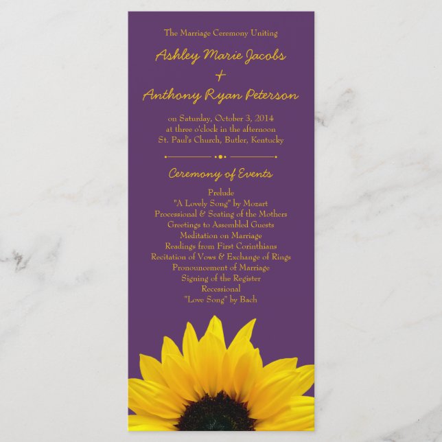Yellow Sunflower Flower Purple Wedding Program Programme (Front)