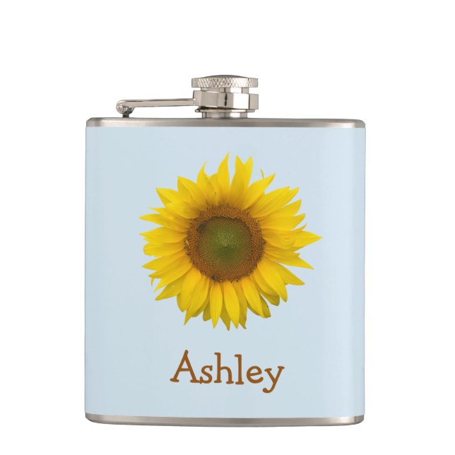 Yellow Sunflower Girly Floral Blue Hip Flask (Front)