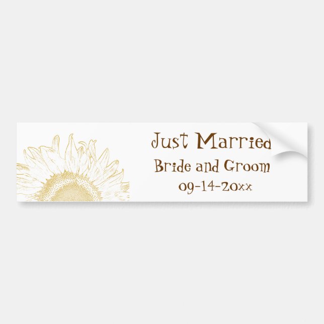 Yellow Sunflower Graphic Just Married Bumper Sticker (Front)