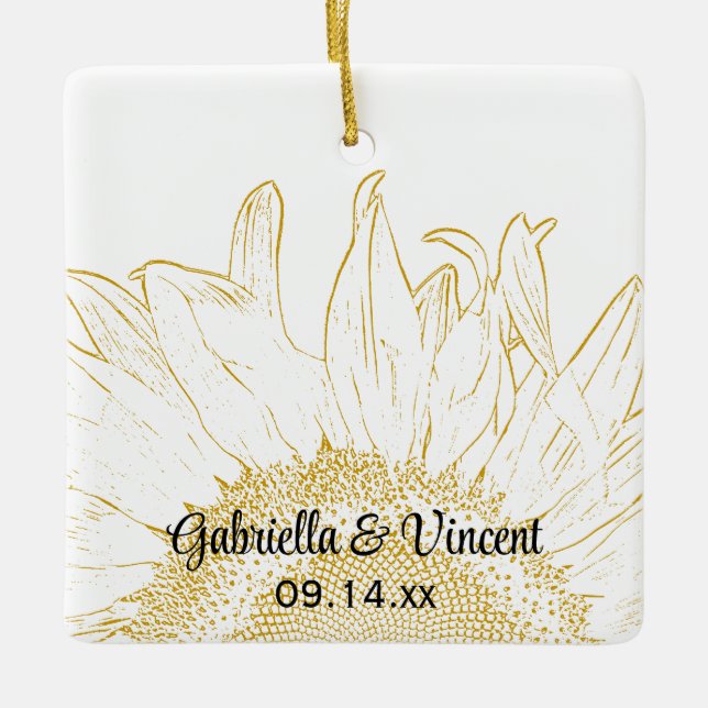 Yellow Sunflower Graphic Wedding Ceramic Ornament (Front)