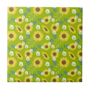 Yellow Sunflower Green Background Flower Floral Tile
