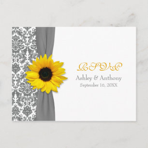 Yellow Sunflower Grey Damask Wedding RSVP Postcard