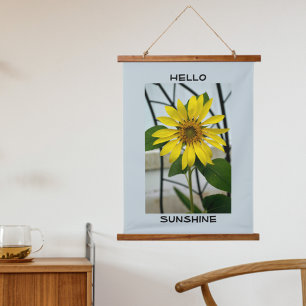 Yellow Sunflower Hello Sunshine Pale Blue Hanging Tapestry