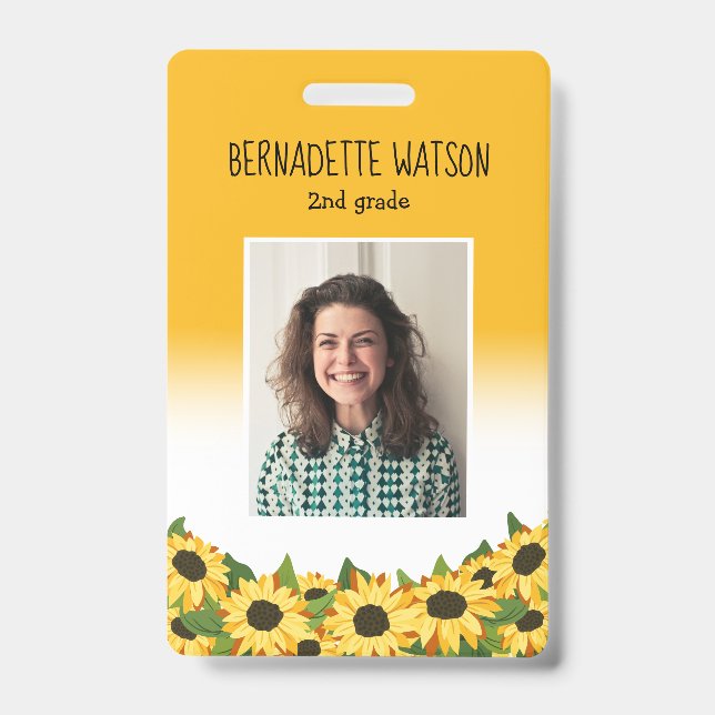 Yellow Sunflower Kindergarten School Teacher ID Badge (Front)