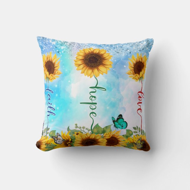 Yellow Sunflower Love Hope Faith Summer Autumn Cushion (Front)