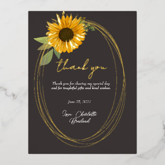 Yellow Sunflower Modern Floral Thank You   Foil Invitation Postcard