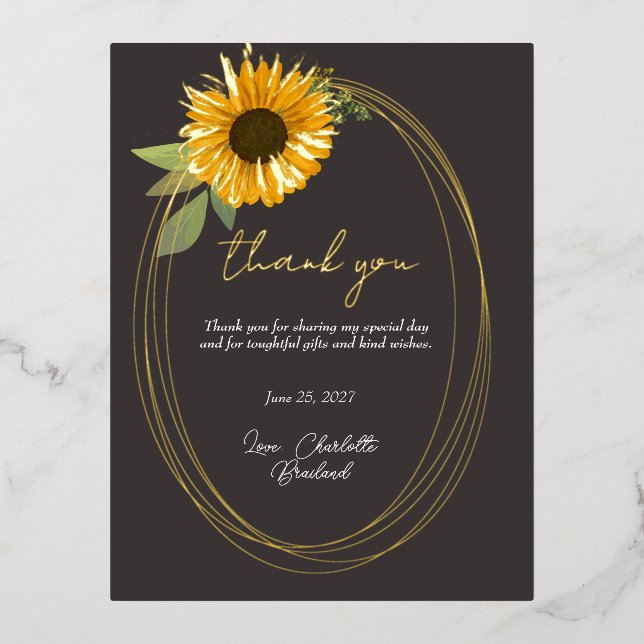 Yellow Sunflower Modern Floral Thank You   Foil Invitation Postcard (Front)