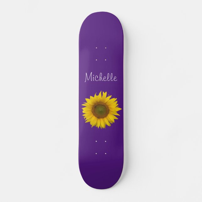 Yellow Sunflower Monogram Cute Purple Skateboard (Front)