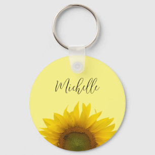 Yellow Sunflower Monogram Script Typography Key Ring
