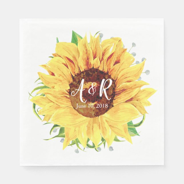 Yellow Sunflower Monogram Wedding Napkin (Front)