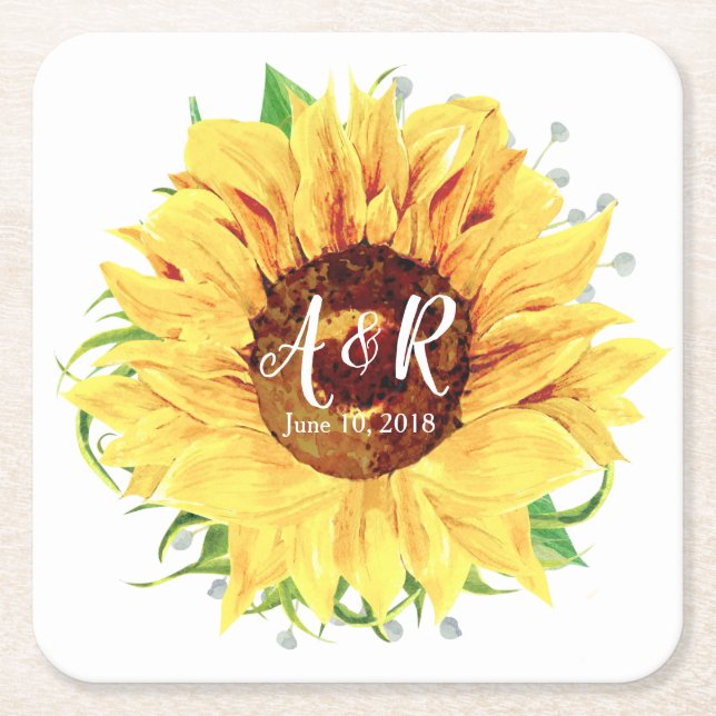 Yellow Sunflower Monogram Wedding Square Paper Coaster (Front)