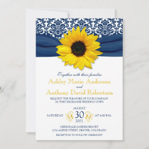 Yellow Sunflower Navy Blue Damask Ribbon Wedding Invitation