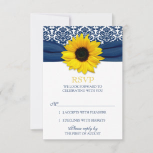Yellow Sunflower Navy Damask Ribbon Wedding RSVP