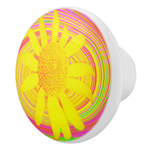 Yellow Sunflower on a Psychedelic Swirl Ceramic Knob