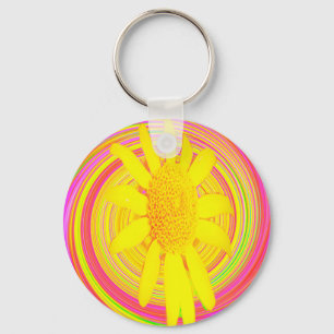 Yellow Sunflower on a Psychedelic Swirl Key Ring
