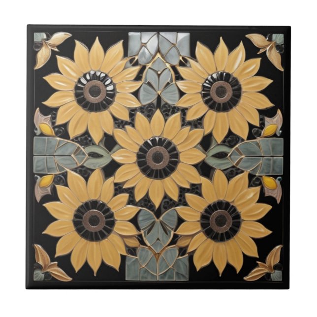 Yellow Sunflower on Black Art Deco inspired Tile (Front)