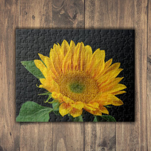 Yellow Sunflower on Black Background Photo Print Jigsaw Puzzle