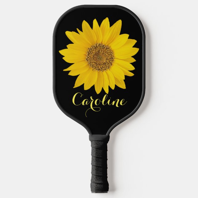 Yellow Sunflower on Black Custom Name Pickleball Paddle (Front)