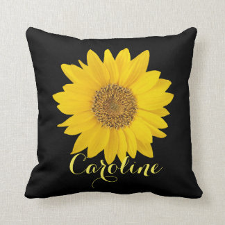 Yellow Sunflower on Black with Custom Name Cushion