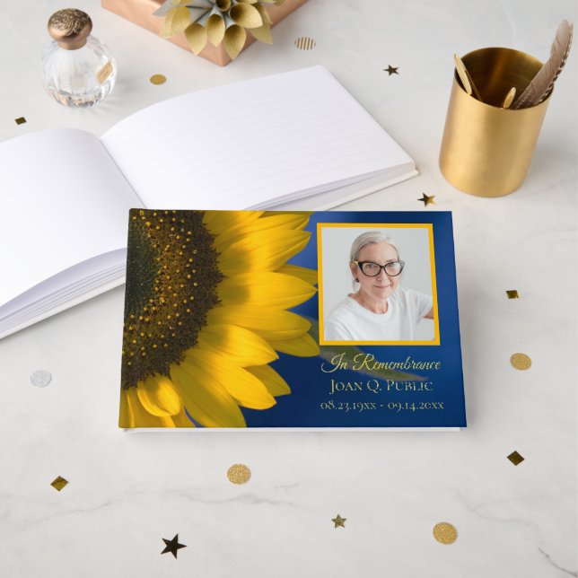 Yellow Sunflower on Blue Celebration of Life  Guest Book (Front Open)