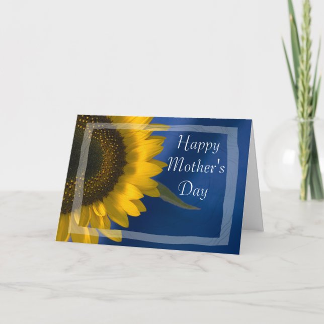 Yellow Sunflower on Blue Happy Mothers Day Card (Front)