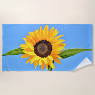 Yellow Sunflower On Blue Sky Beach Towel